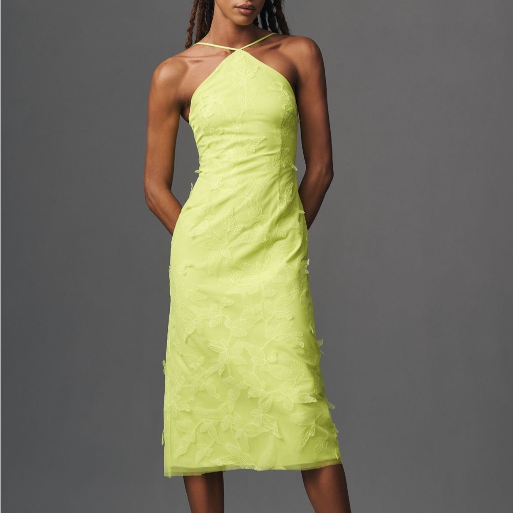 ML Monique Lhuillier Kayla Halter Tulle Midi Dress